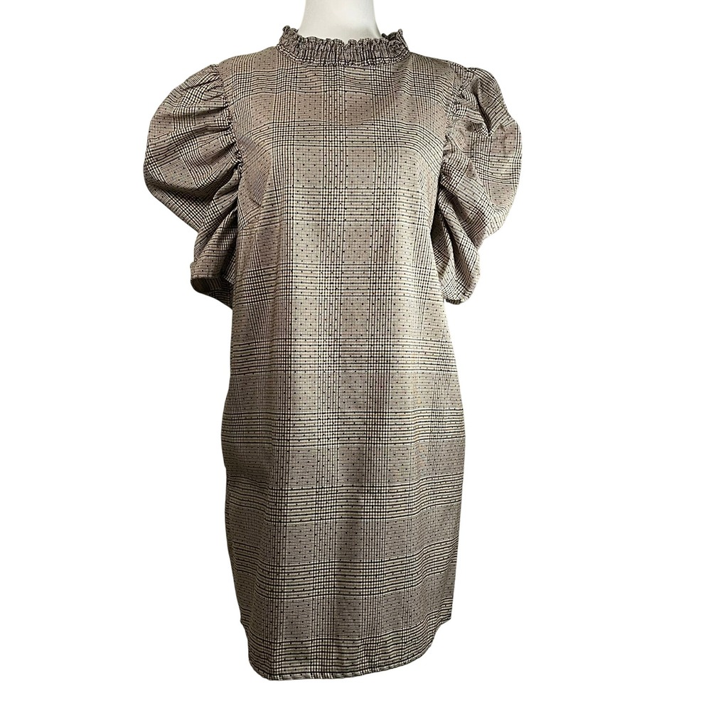 Zara‎ Size Med Plaid Puff Sleeve Dress Ruffle Neck Checkered Mini Brown Black